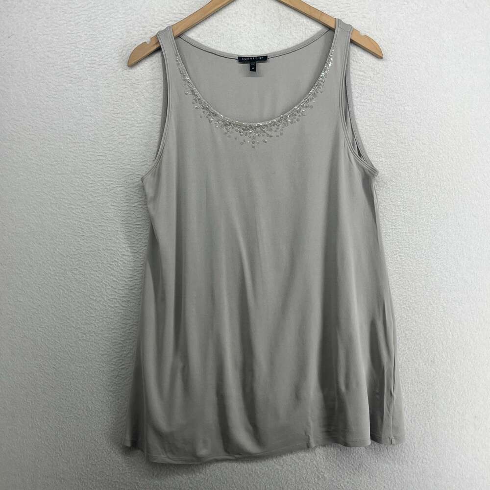 EILEEN FISHER Tank Top M Silk Jersey Sequin Embellished Scoop Neck Shell Gray